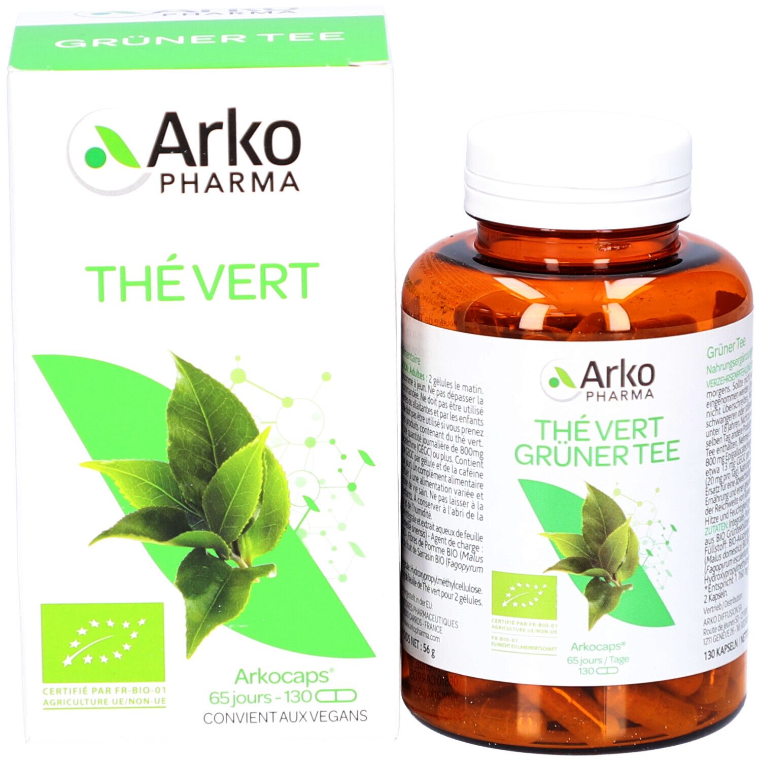 Emballage et flacon. Inscription: Arko Pharma, Thé Vert, Grüner Tee. Label bio. 130 gélules.