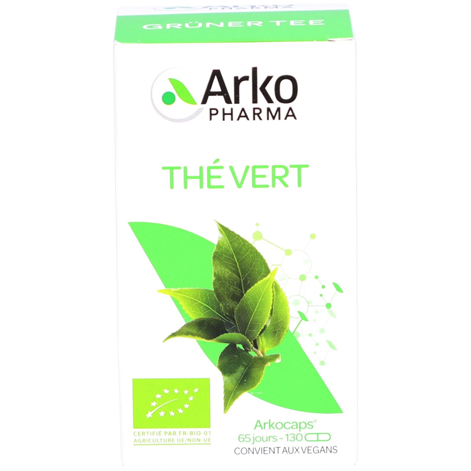 Emballage. Inscription: Arko Pharma, Thé Vert. Label bio. 130 gélules. Vegan.