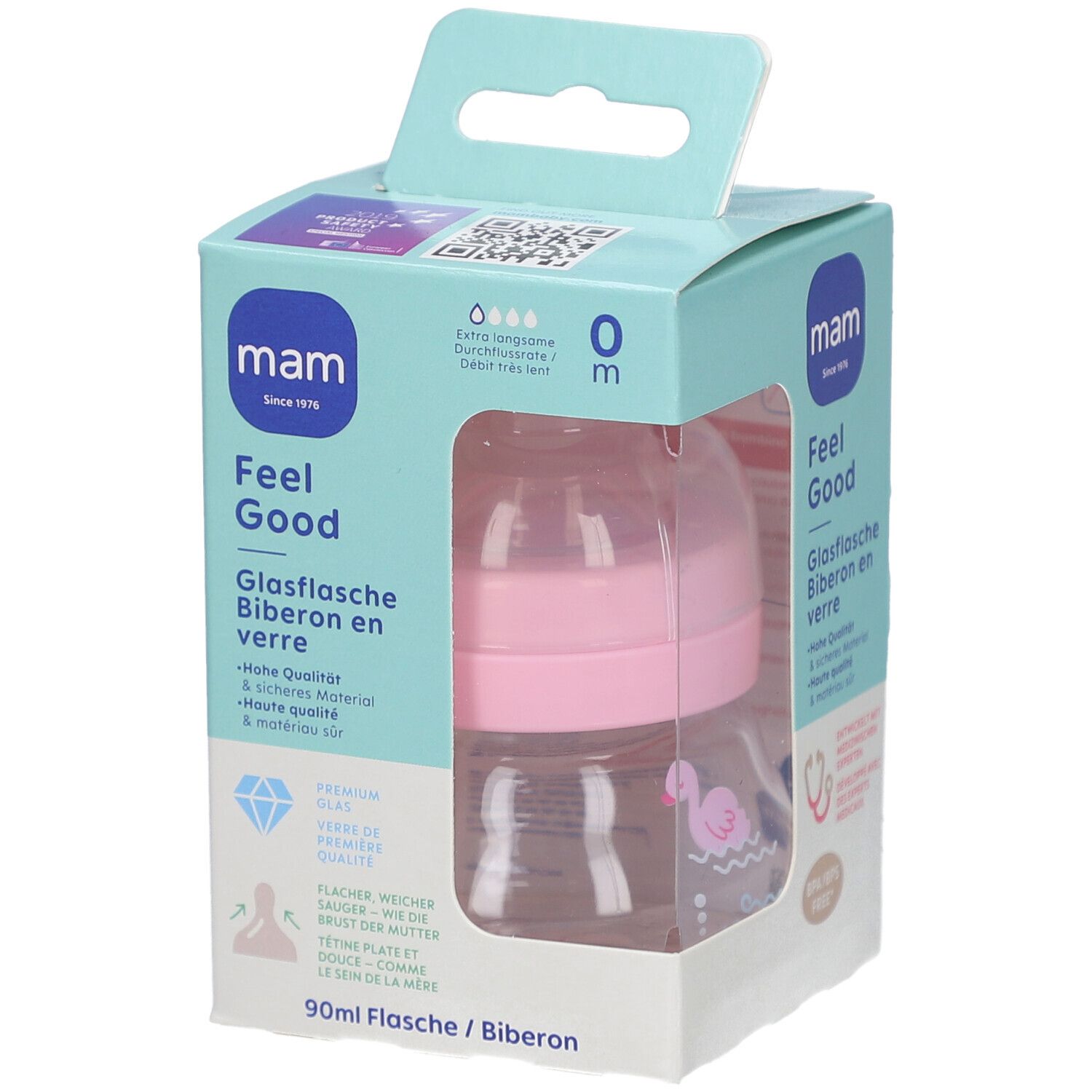 Babyflasche in Verpackung. Rosa Sauger, transparente Flasche. Marke: mam. Text: Feel Good, 0m.