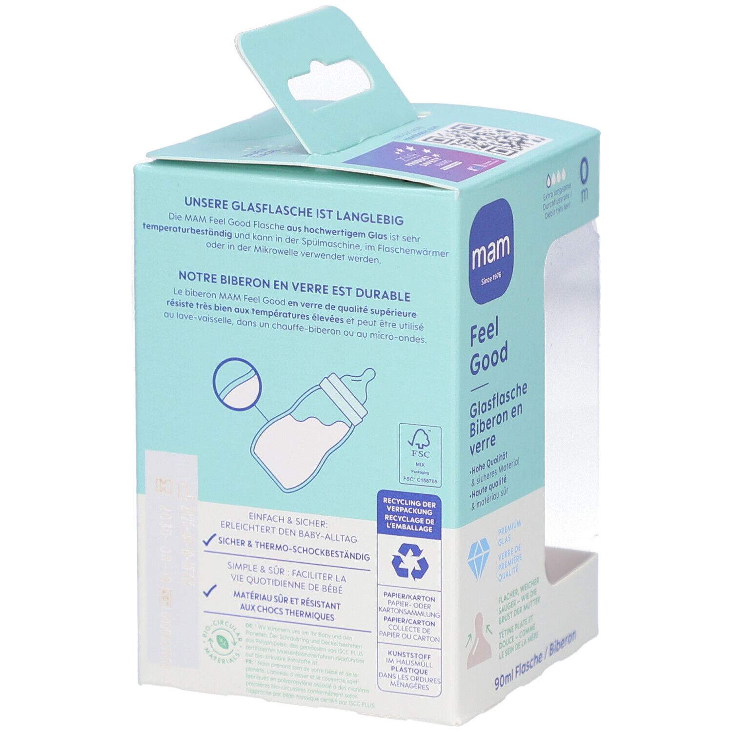 Rückseite der Babyflaschen-Verpackung. Text: Unsere Glasflasche ist langlebig. Recycling-Symbole. Marke: mam.