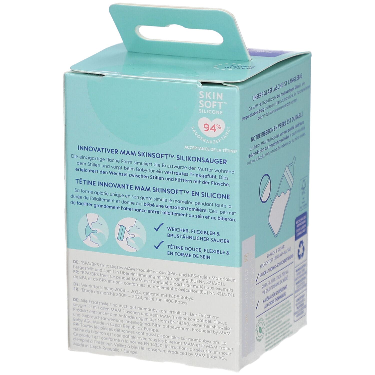 Verpackung, Detail. Text: Innovativer MAM SkinSoft Silikonsauger. 94%. Weicher, flexibler Sauger. Marke: mam.