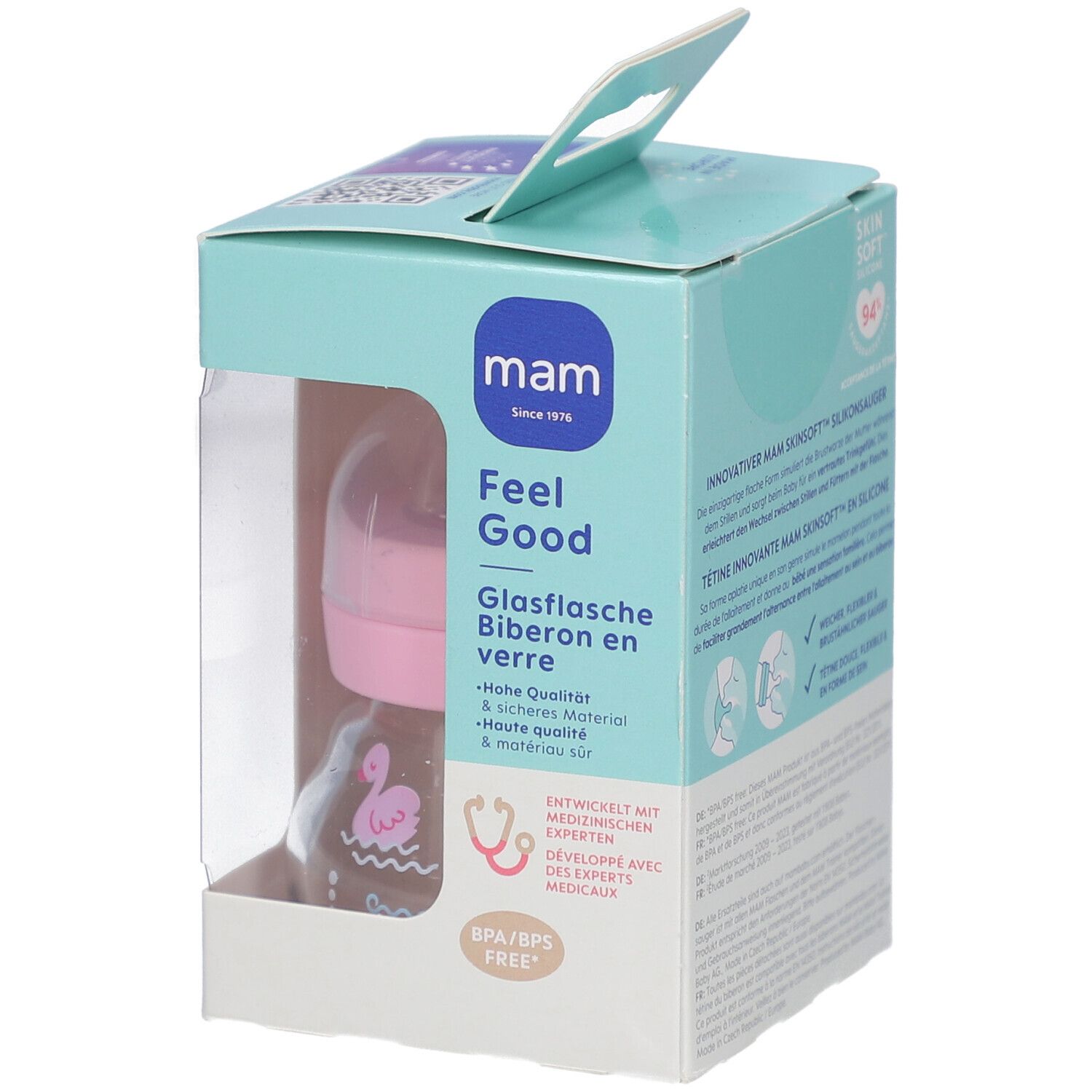 Babyflasche in Verpackung. Rosa Sauger, transparente Flasche. Marke: mam. Text: Feel Good, 0m. BPA/BPS Free.