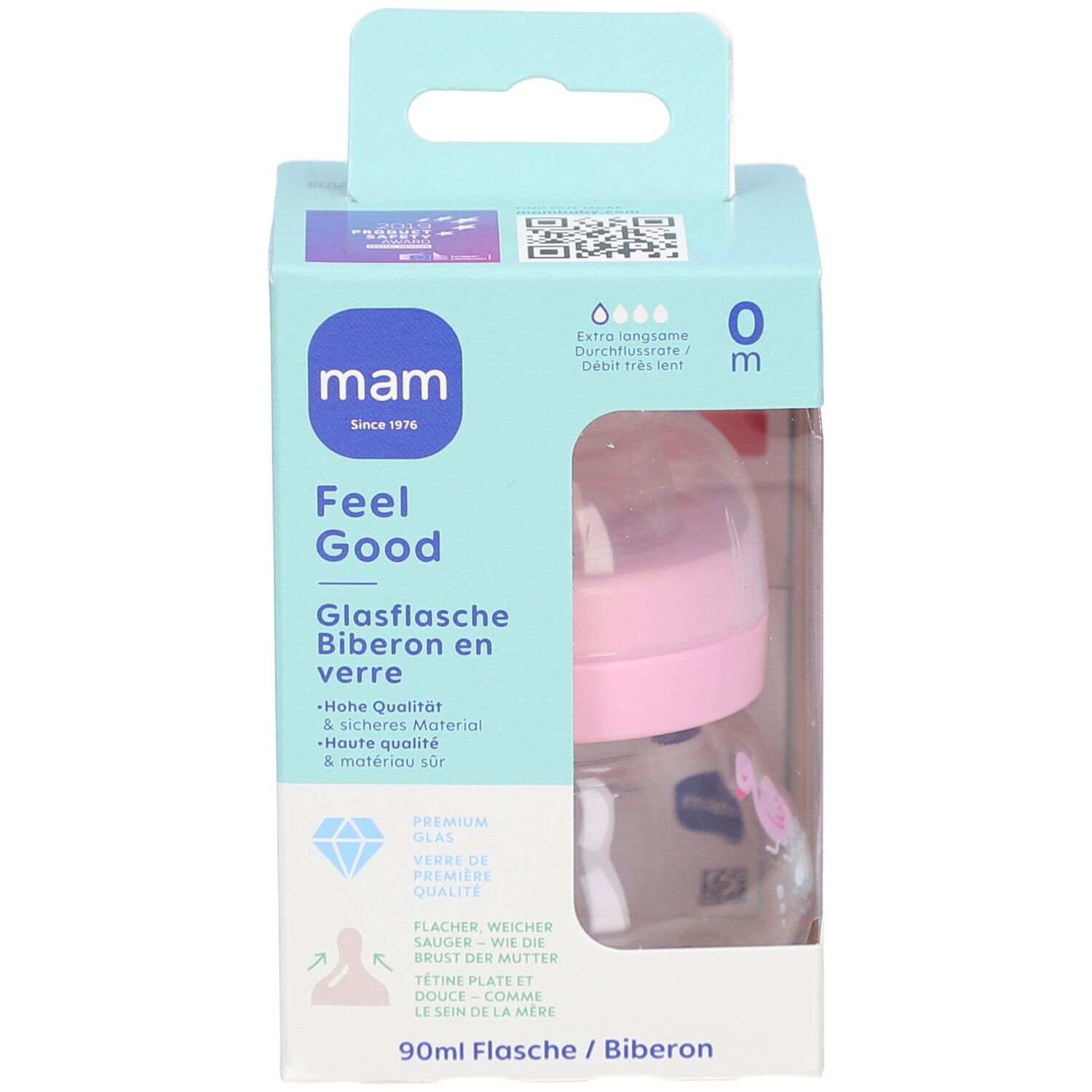 Babyflasche in Verpackung. Rosa Sauger, transparente Flasche. Marke: mam. Text: Feel Good, 0m.