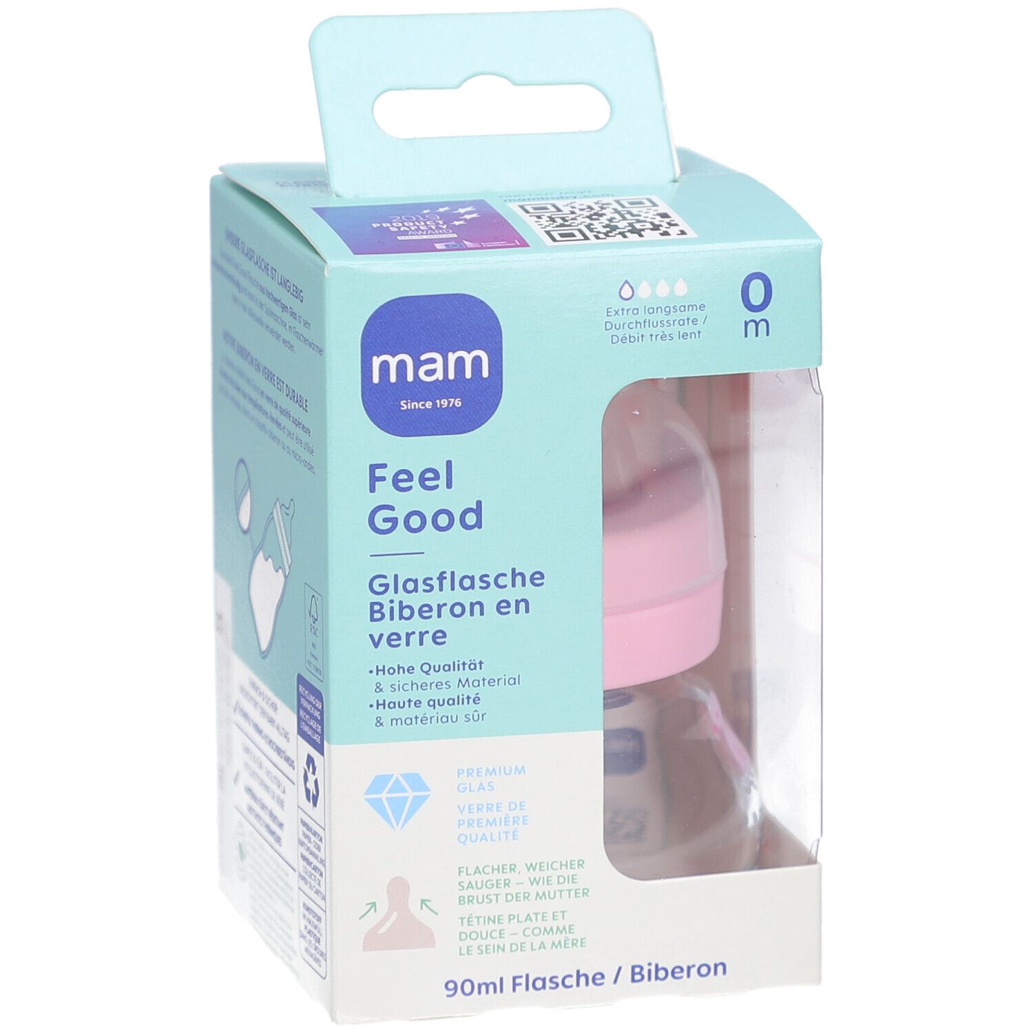 Babyflasche in Verpackung. Rosa Sauger, transparente Flasche. Marke: mam. Text: Feel Good, 0m.