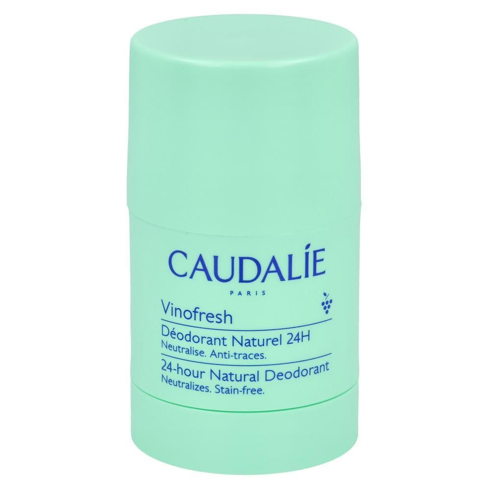 Hellgrüner Deostick. Aufschrift: CAUDALIE, Vinofresh, Déodorant Naturel 24H, 24-hour Natural Deodorant. Neutralisiert, ohne Flecken.