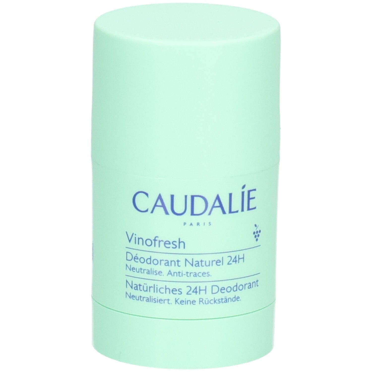 Hellgrüner Deostick. Rückseite mit Text und Barcode. CAUDALIE, Vinofresh, Déodorant Naturel 24H. Natürliches 24H Deodorant.