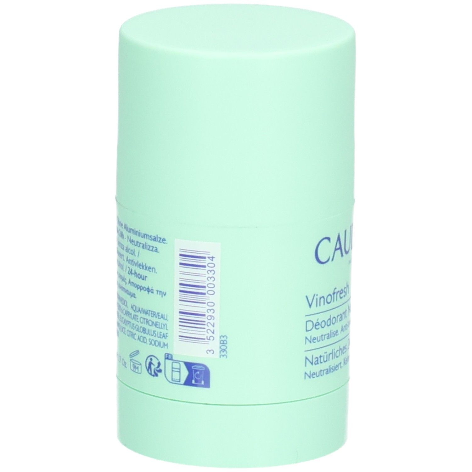 Hellgrüner Deostick. Rückseite mit Text. Ohne Aluminiumsalze, ohne Alkohol, 24-hour Natural Deodorant. Inhaltsstoffe.