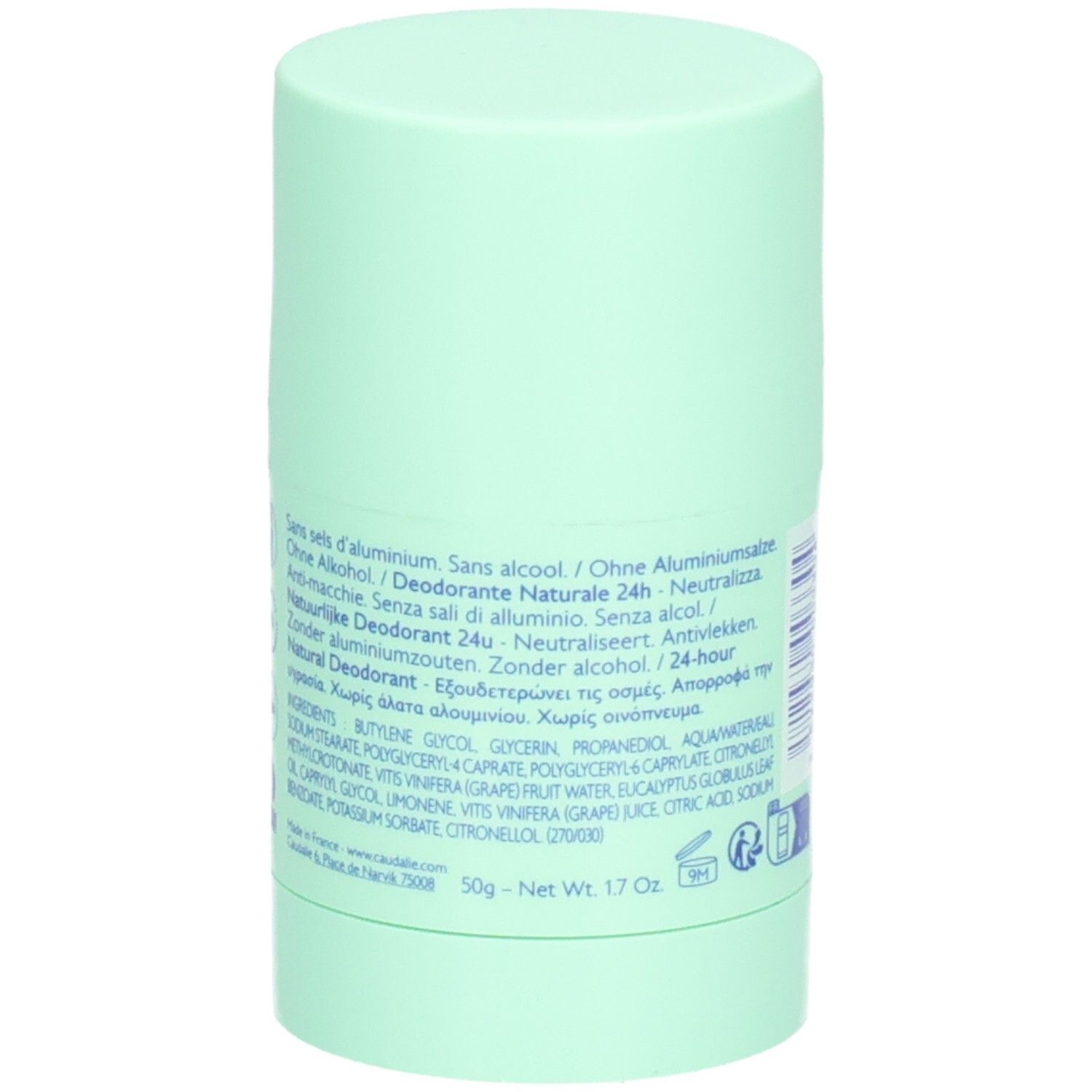 Hellgrüner Deostick. Rückseite mit Text. Ohne Aluminiumsalze, ohne Alkohol, 24-hour Natural Deodorant. Inhaltsstoffe.