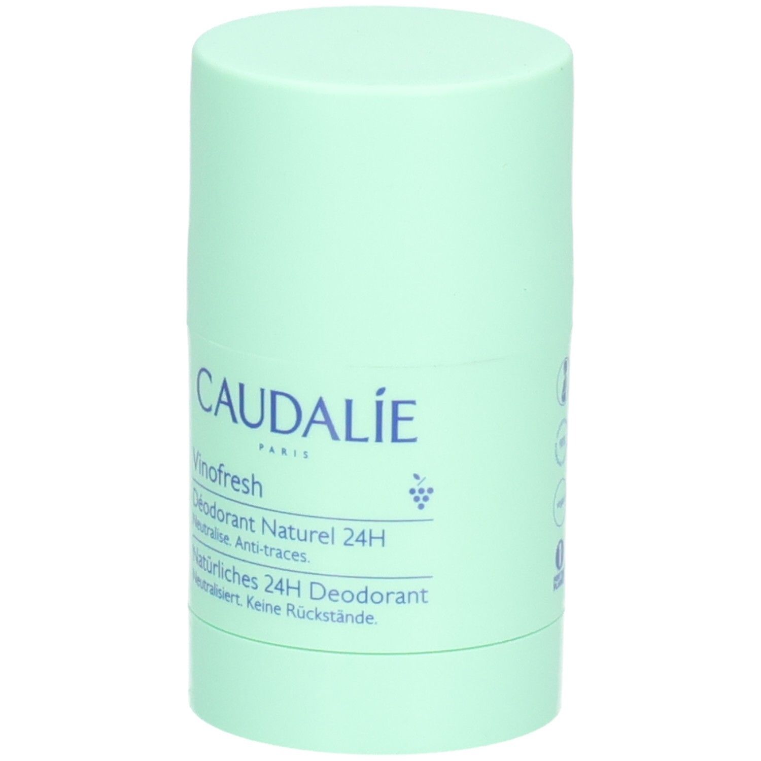 Hellgrüner Deostick mit blauer Schrift. CAUDALIE, Vinofresh, Déodorant Naturel 24H. Natürliches 24H Deodorant. Anti-traces.