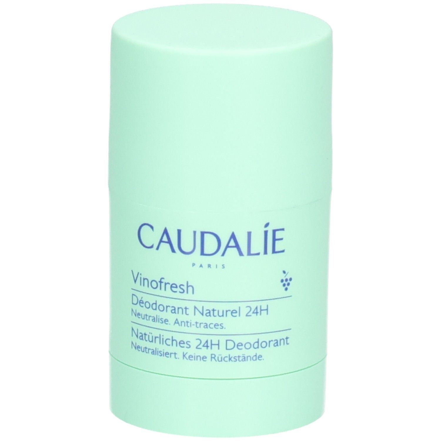 Hellgrüner Deostick mit blauer Schrift. CAUDALIE, Vinofresh, Déodorant Naturel 24H. Natürliches 24H Deodorant. Anti-traces.