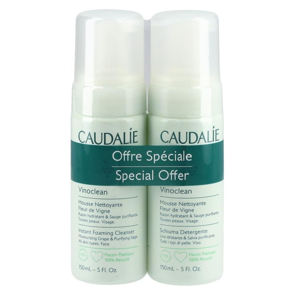 Deux flacons de mousse nettoyante, emballage blanc et vert. Inscription: Caudalie, Vinoclean, Offre Spéciale, Special Offer. 150ml.