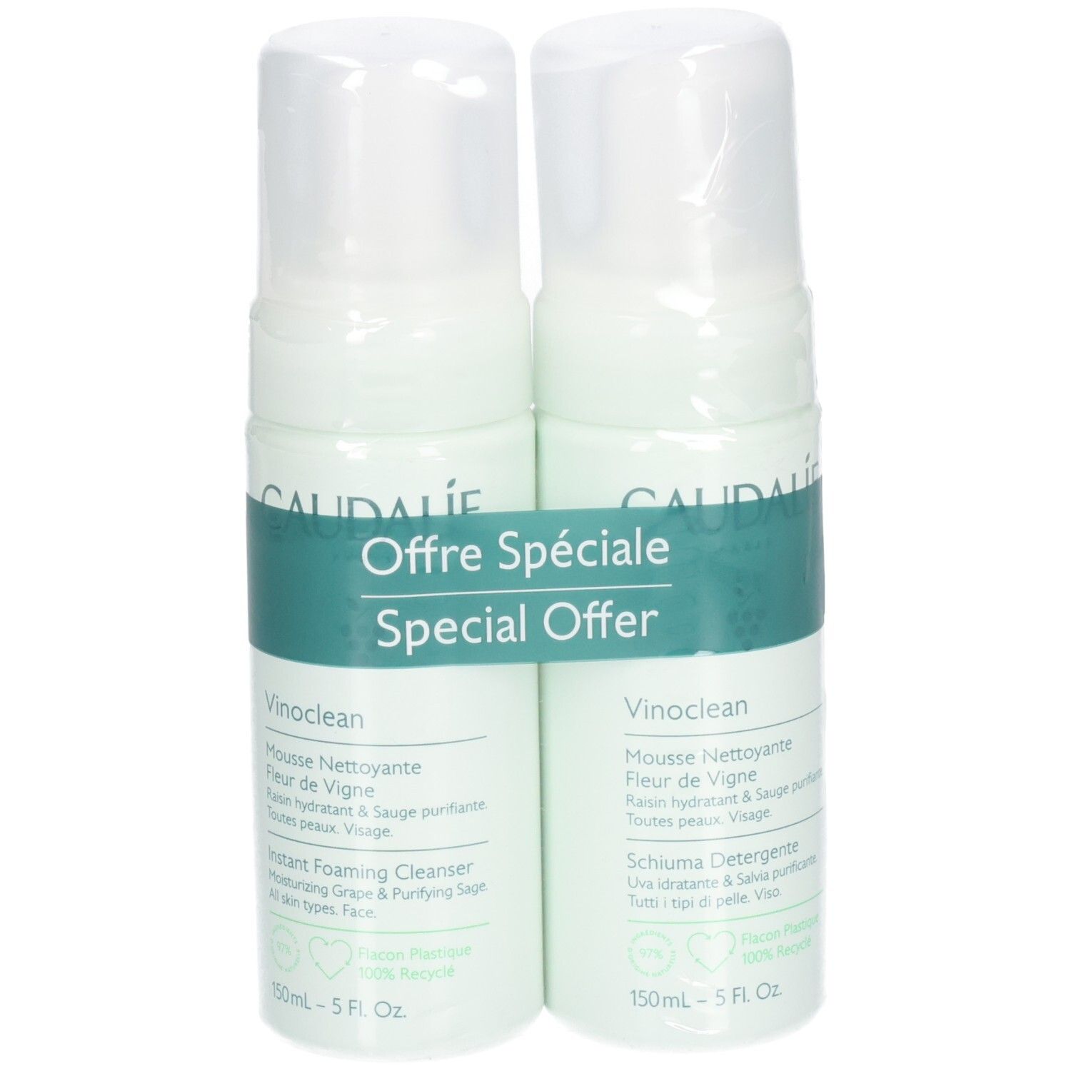 Deux flacons de mousse nettoyante, emballage blanc et vert. Inscription: Caudalie, Vinoclean, Offre Spéciale, Special Offer. 150ml.