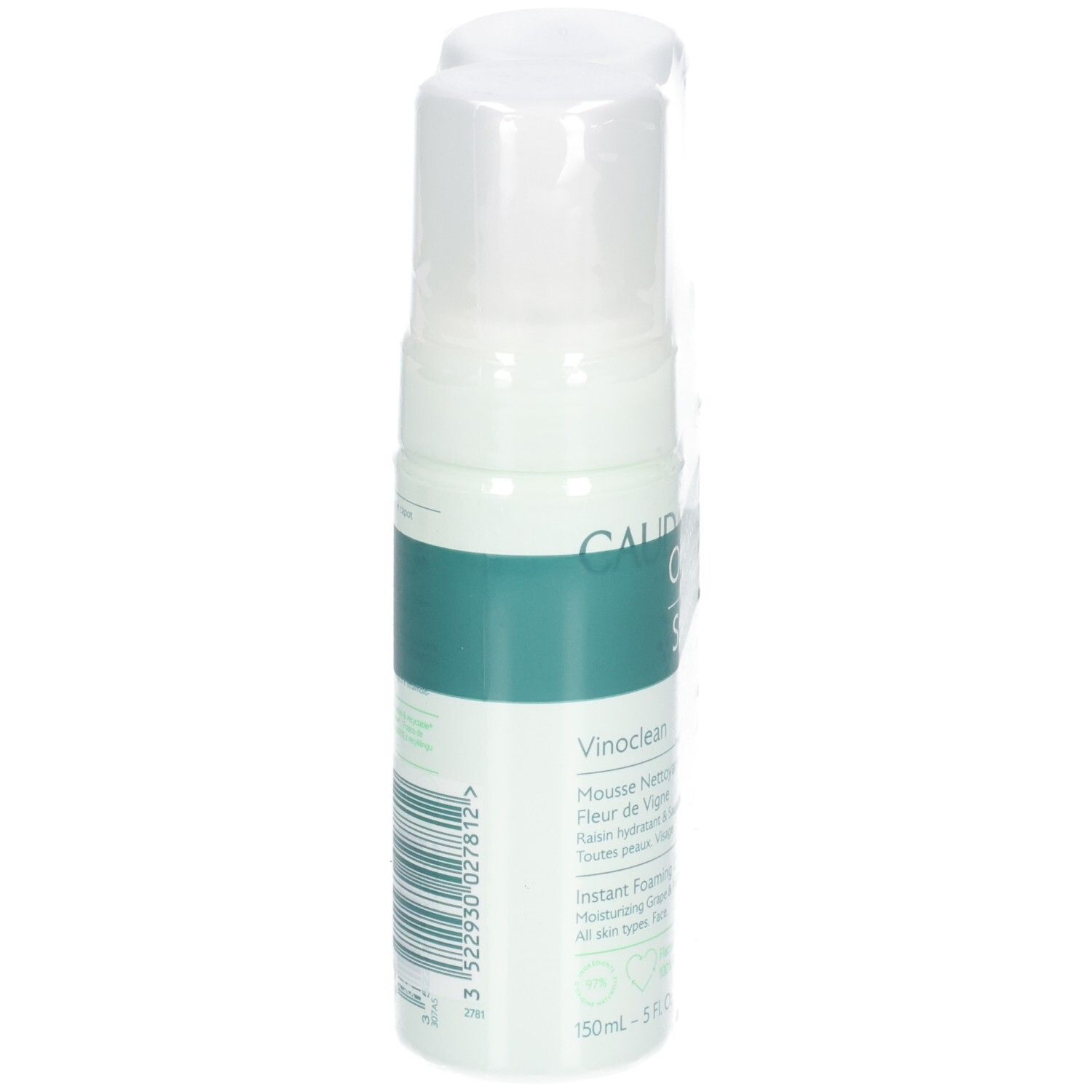 Un flacon de mousse nettoyante, emballage blanc et vert. Inscription: Caudalie, Vinoclean. 150ml.