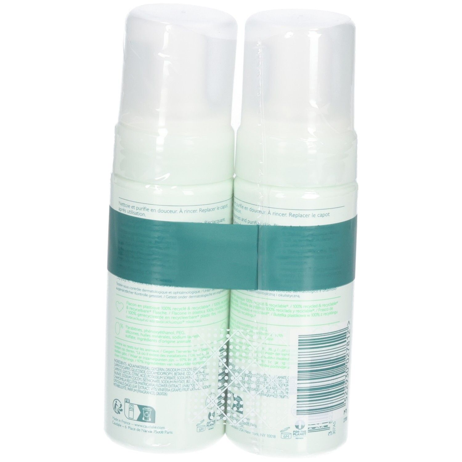 Deux flacons de mousse nettoyante, dos. Emballage blanc et vert. Code-barres visible.