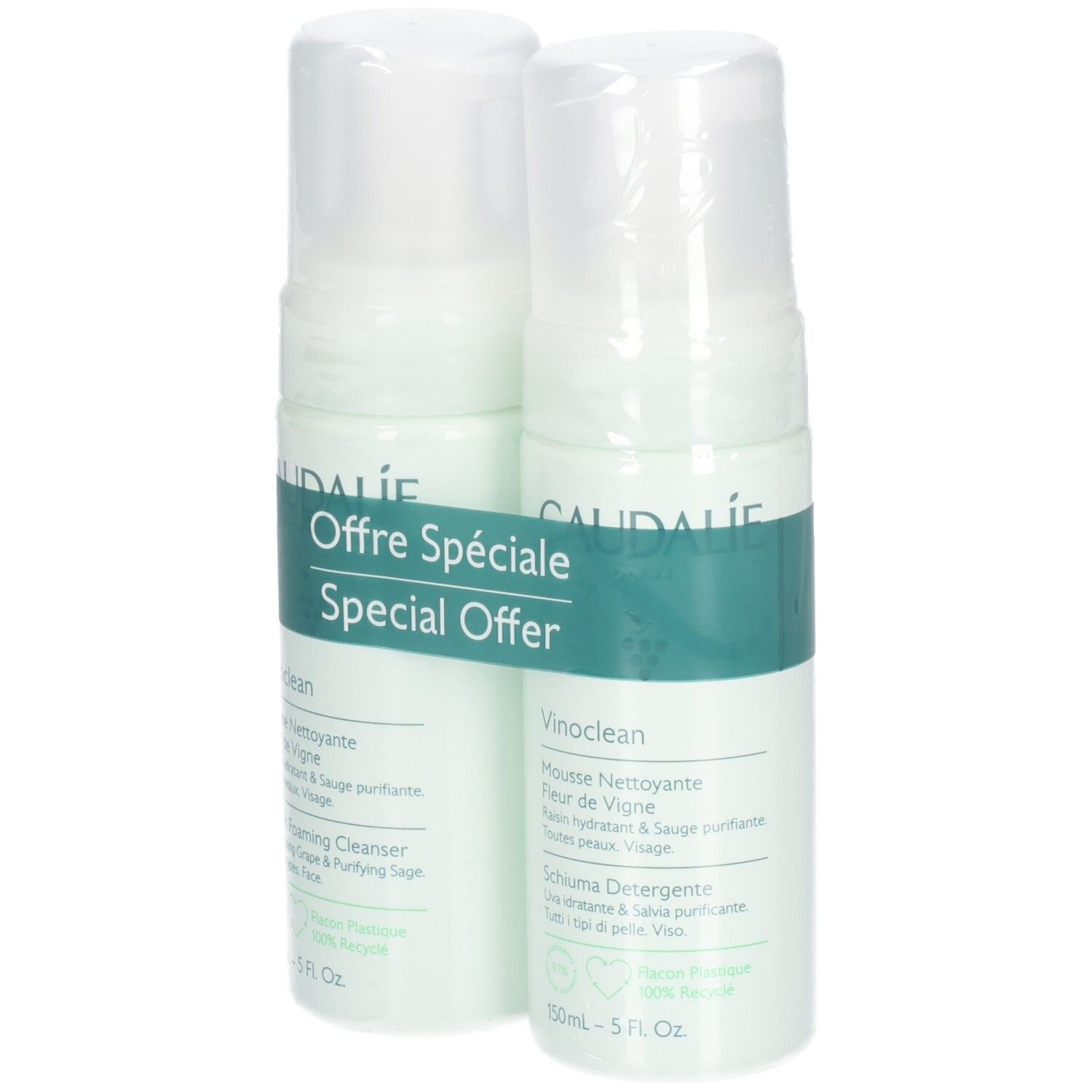 Deux flacons de mousse nettoyante, emballage blanc et vert. Inscription: Caudalie, Vinoclean, Offre Spéciale, Special Offer. 150ml.