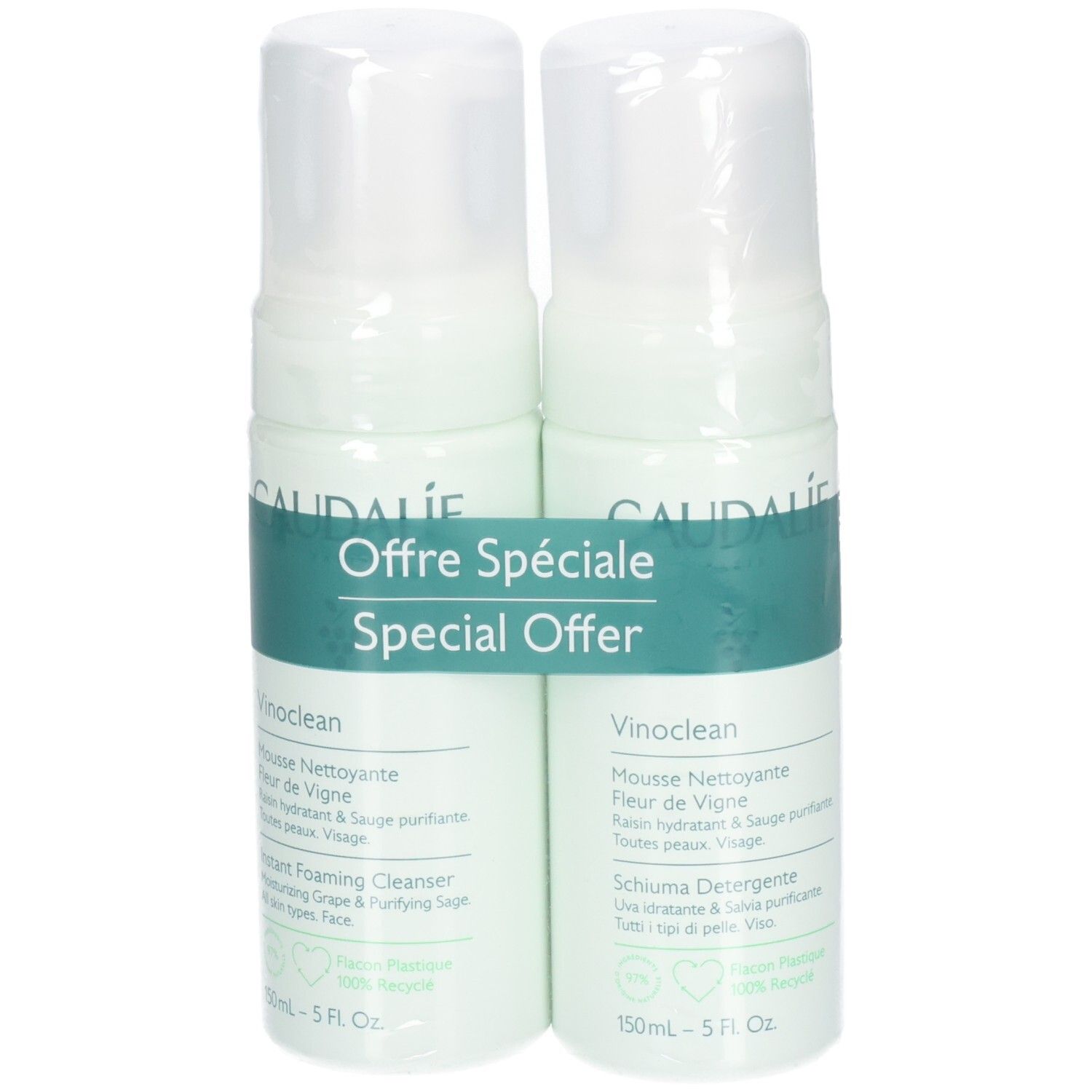 Deux flacons de mousse nettoyante, emballage blanc et vert. Inscription: Caudalie, Vinoclean, Offre Spéciale, Special Offer. 150ml.