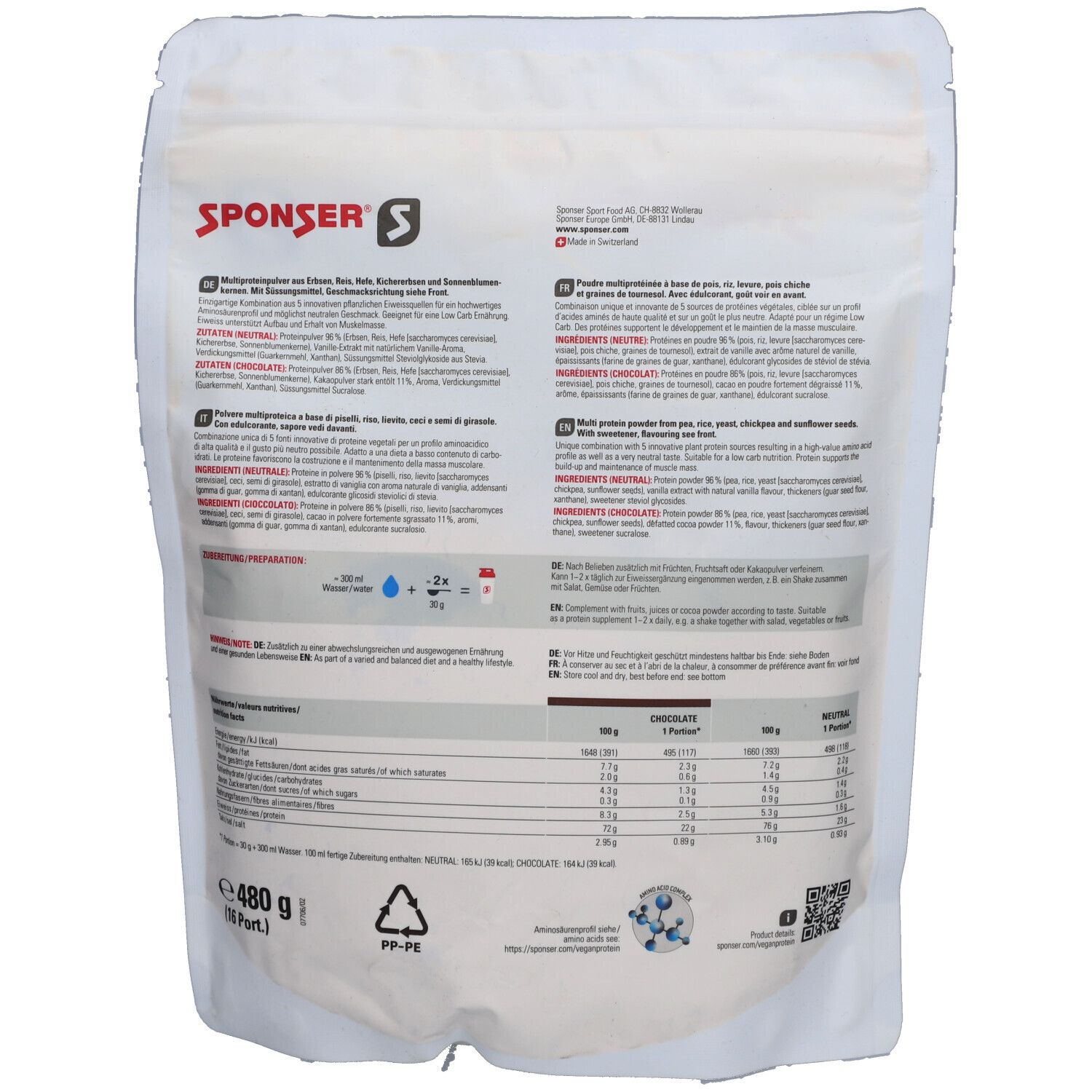SPONSER Vegan Protein Neutral aus 5 pflanzlichen Quellen