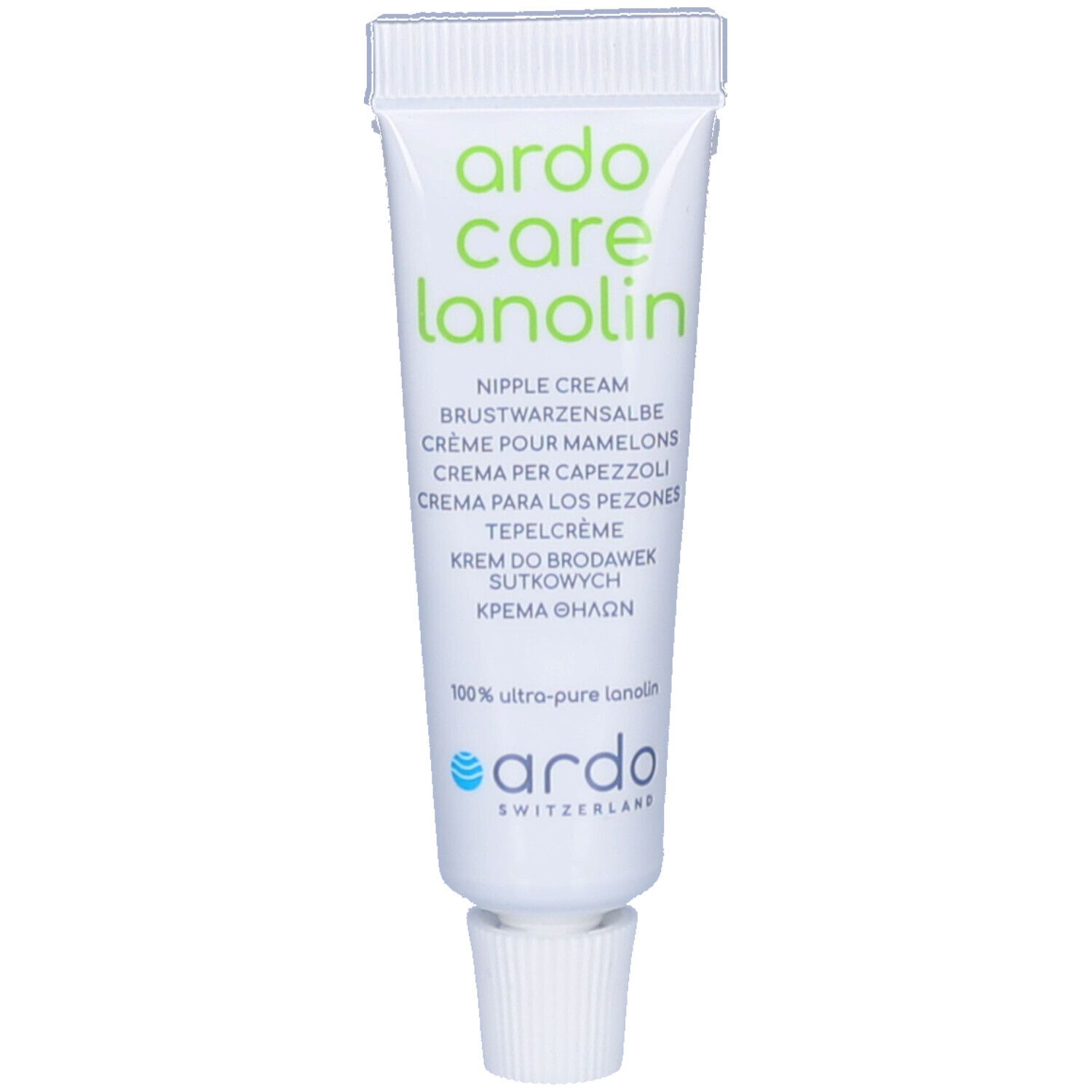 Weiße Tube mit grünem Aufdruck. Enthält Brustwarzensalbe. Marke: Ardo Care Lanolin. Mit Schraubverschluss.