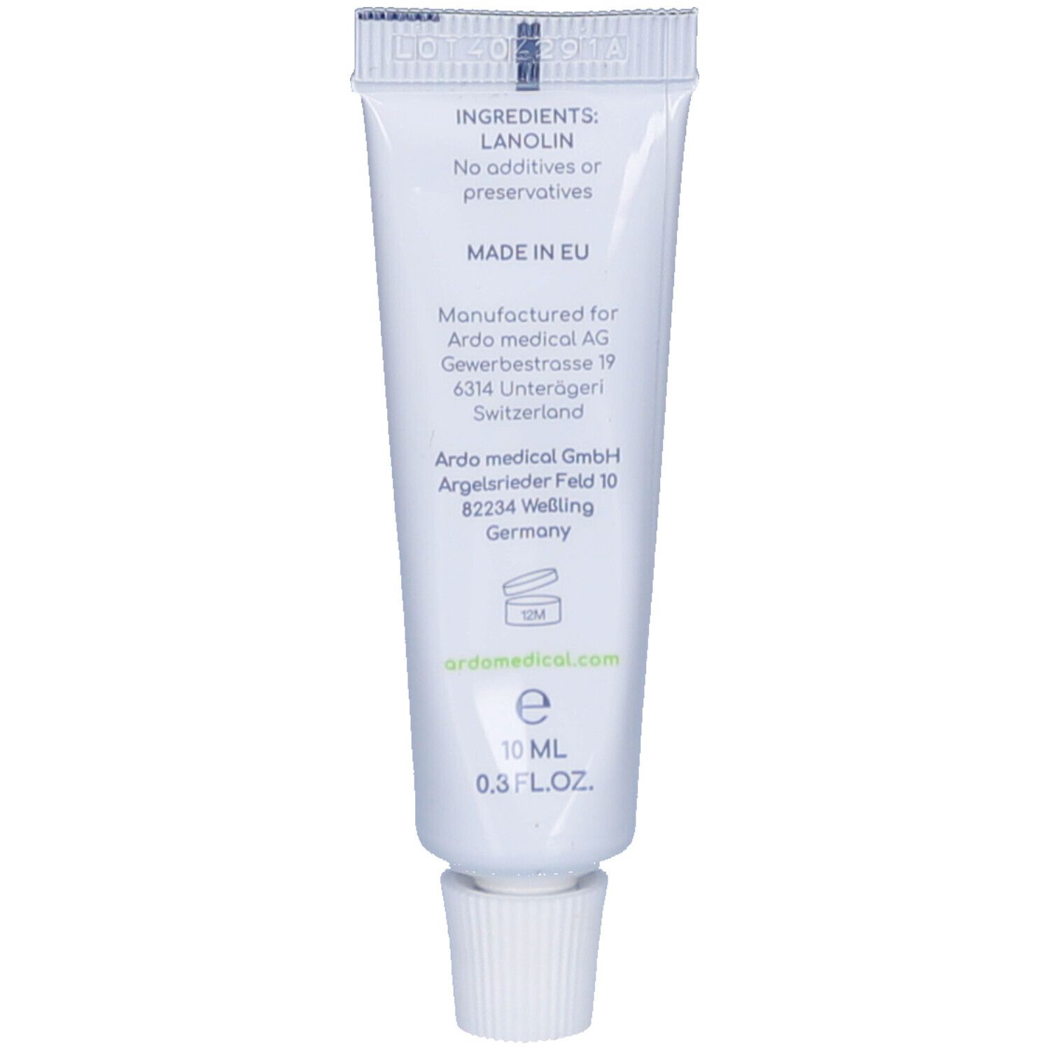 Rückseite der Tube. Enthält Informationen zu Inhaltsstoffen, Hersteller und Herkunft. 10 ml.