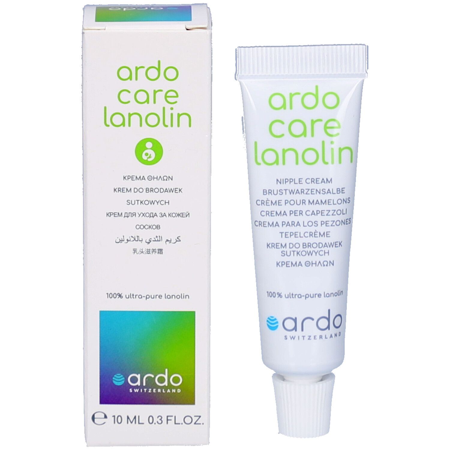 Produktverpackung und Tube. Verpackung: weiß mit grünem Aufdruck. Tube: weiß mit grünem Aufdruck. Marke: Ardo Care Lanolin.