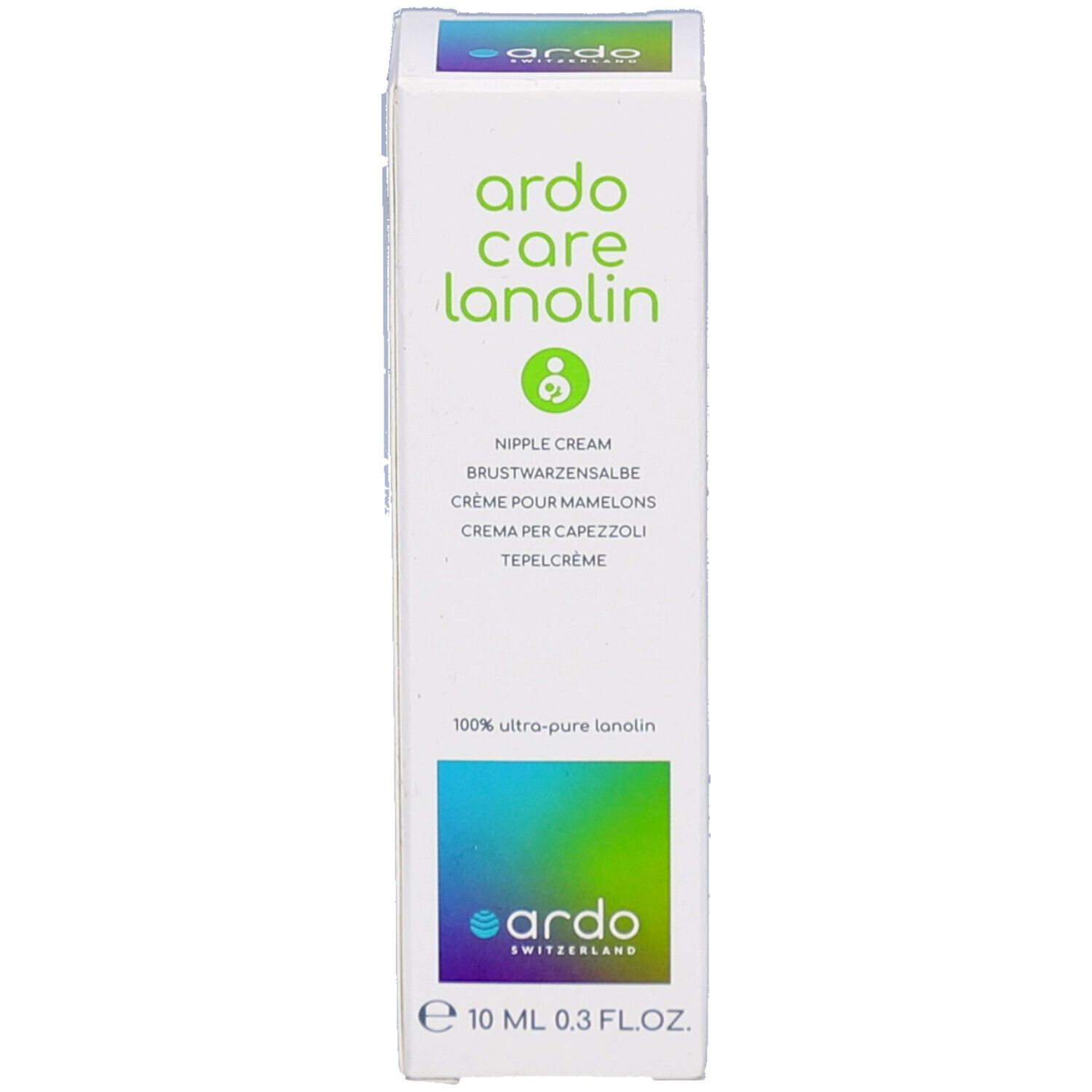 Produktverpackung. Weiß mit grünem Aufdruck. Marke: Ardo Care Lanolin. Enthält Informationen zur Anwendung und Inhaltsstoffen.