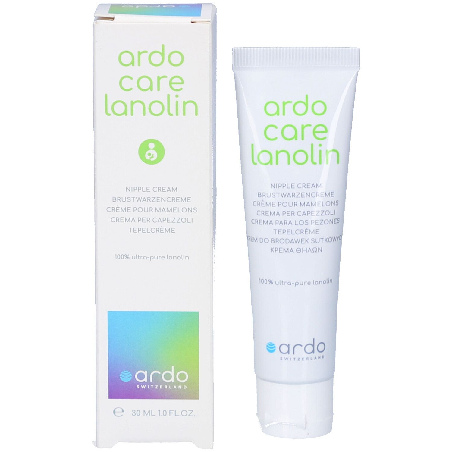 Produkt und Verpackung. Weiße Tube und Schachtel mit grüner Schrift. Marke: Ardo Care Lanolin. Text in mehreren Sprachen.