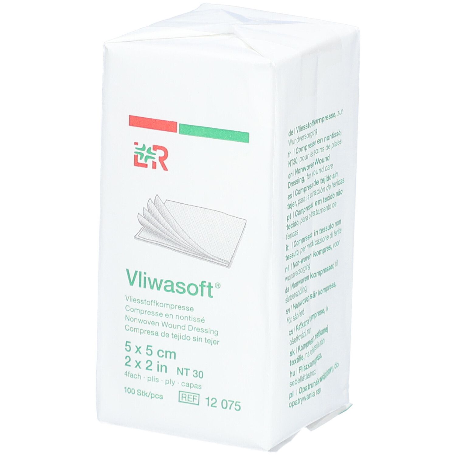 Verpackung Vliwasoft Vliesstoffkompresse. 5x5 cm, 100 Stück. Aufdrucke: Vliwasoft, 2x2 in, NT 30, REF 12 075.