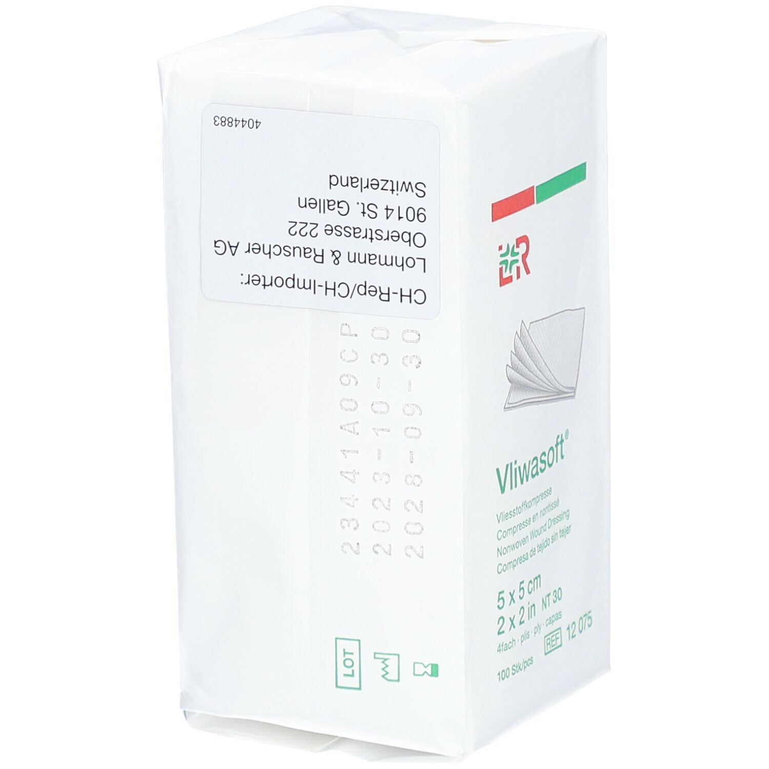 Verpackung Vliwasoft Vliesstoffkompresse. Aufdrucke: Vliwasoft, 5x5 cm, 100 Stück. Adressdaten Lohmann & Rauscher AG, Schweiz.