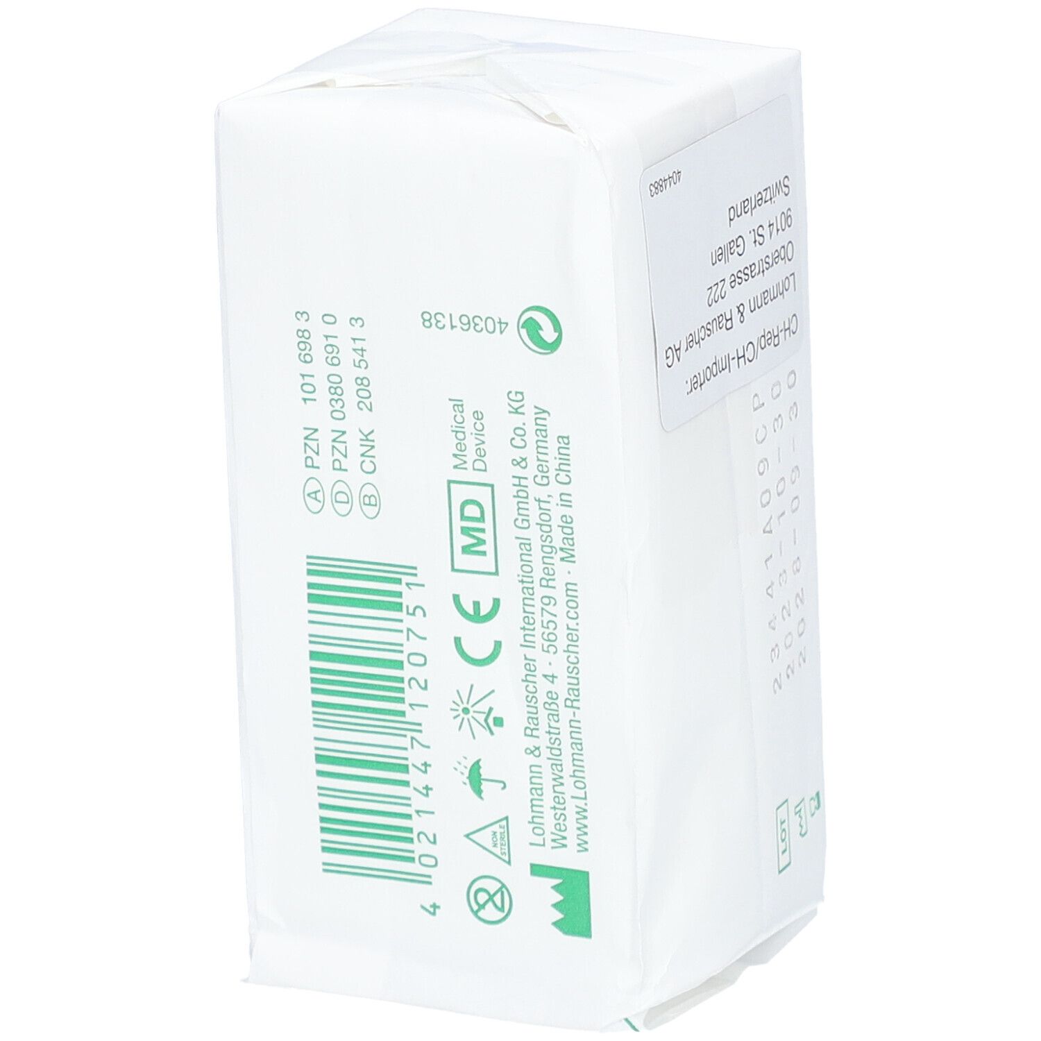 Verpackung Vliwasoft Vliesstoffkompresse. Aufdrucke: MD Medical Device, CE-Kennzeichnung, Barcode, Adressdaten Lohmann & Rauscher.