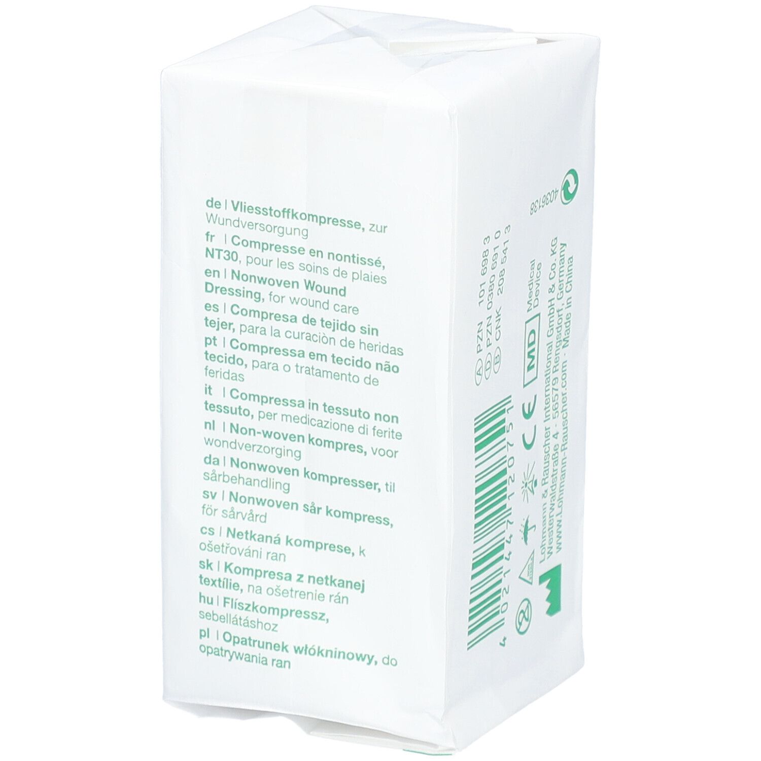 Verpackung Vliwasoft Vliesstoffkompresse. Mehrsprachige Produktbeschreibung. Aufdrucke: Vliesstoffkompresse, Nonwoven Wound Dressing.