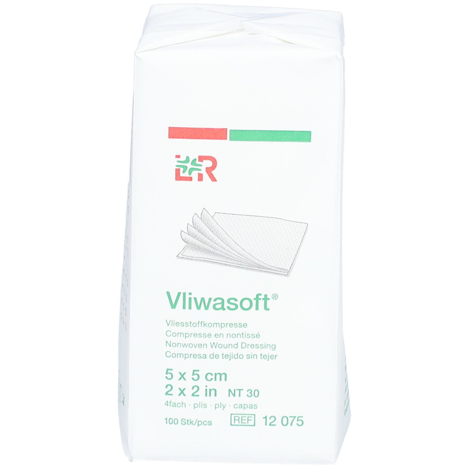 Verpackung Vliwasoft Vliesstoffkompresse. 5x5 cm, 100 Stück. Aufdrucke: Vliwasoft, 2x2 in, NT 30, REF 12 075.