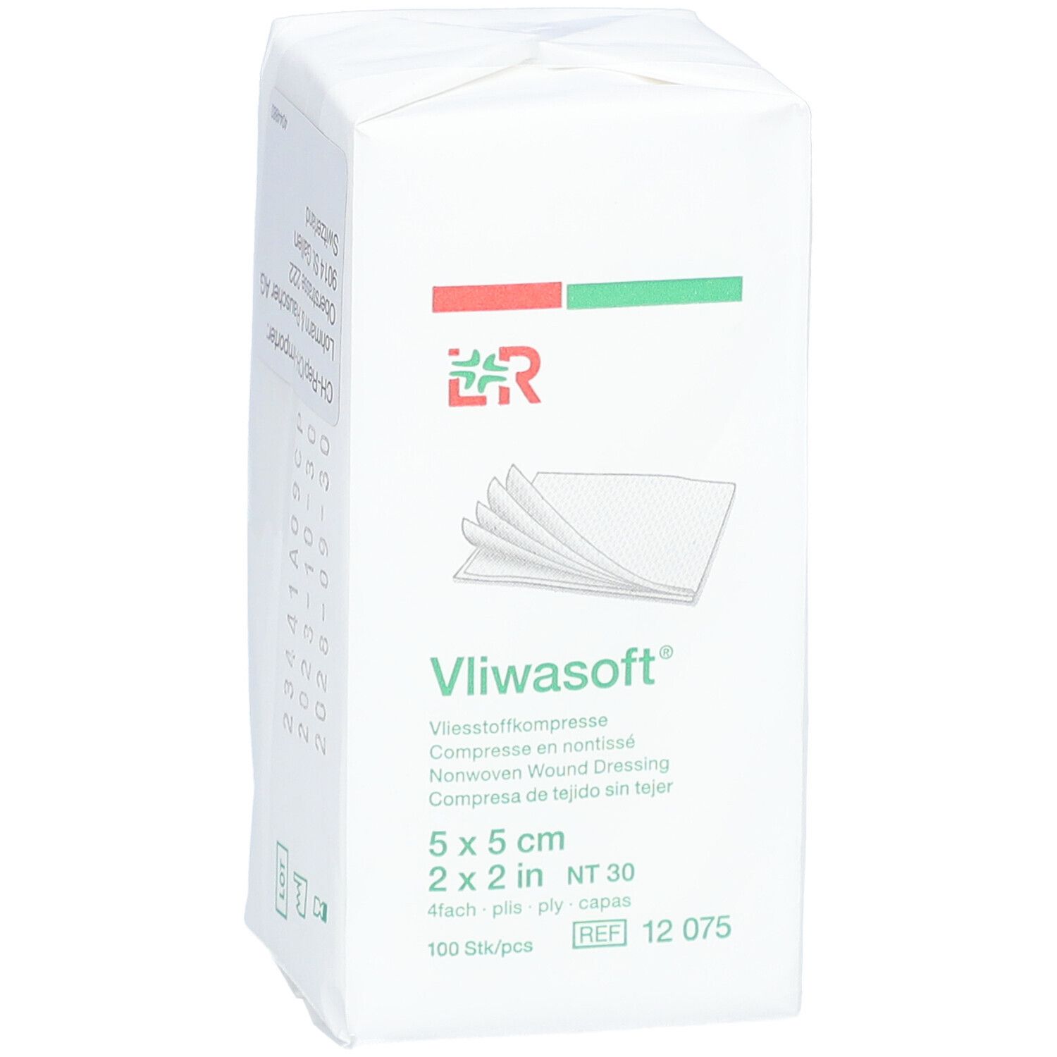 Verpackung Vliwasoft Vliesstoffkompresse. 5x5 cm, 100 Stück. Aufdrucke: Vliwasoft, 2x2 in, NT 30, REF 12 075.