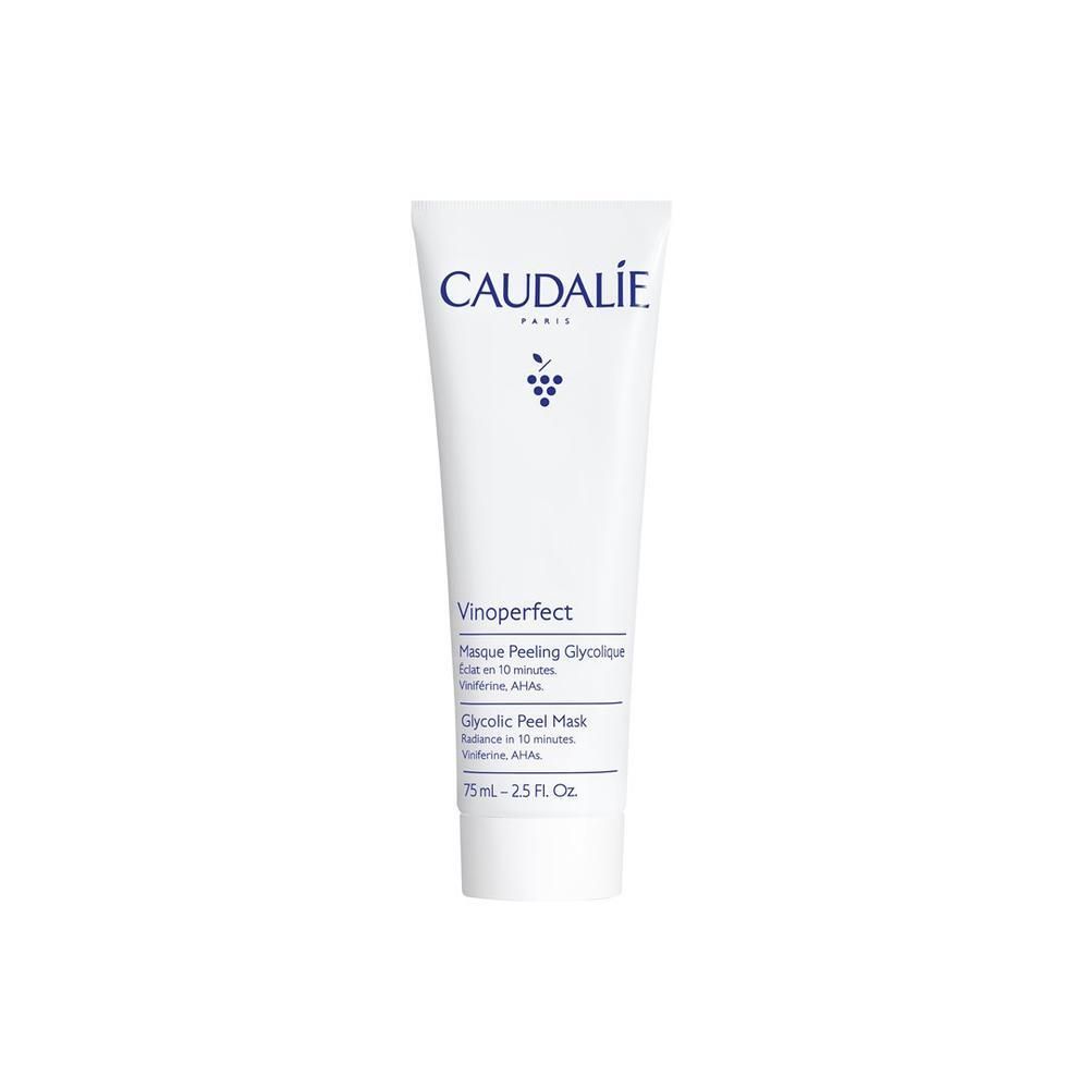 Weiße Tube mit CAUDALIE-Logo und Produktbezeichnung. Enthält Text: Vinoperfect, Masque Peeling Glycolique, Glycolic Peel Mask.