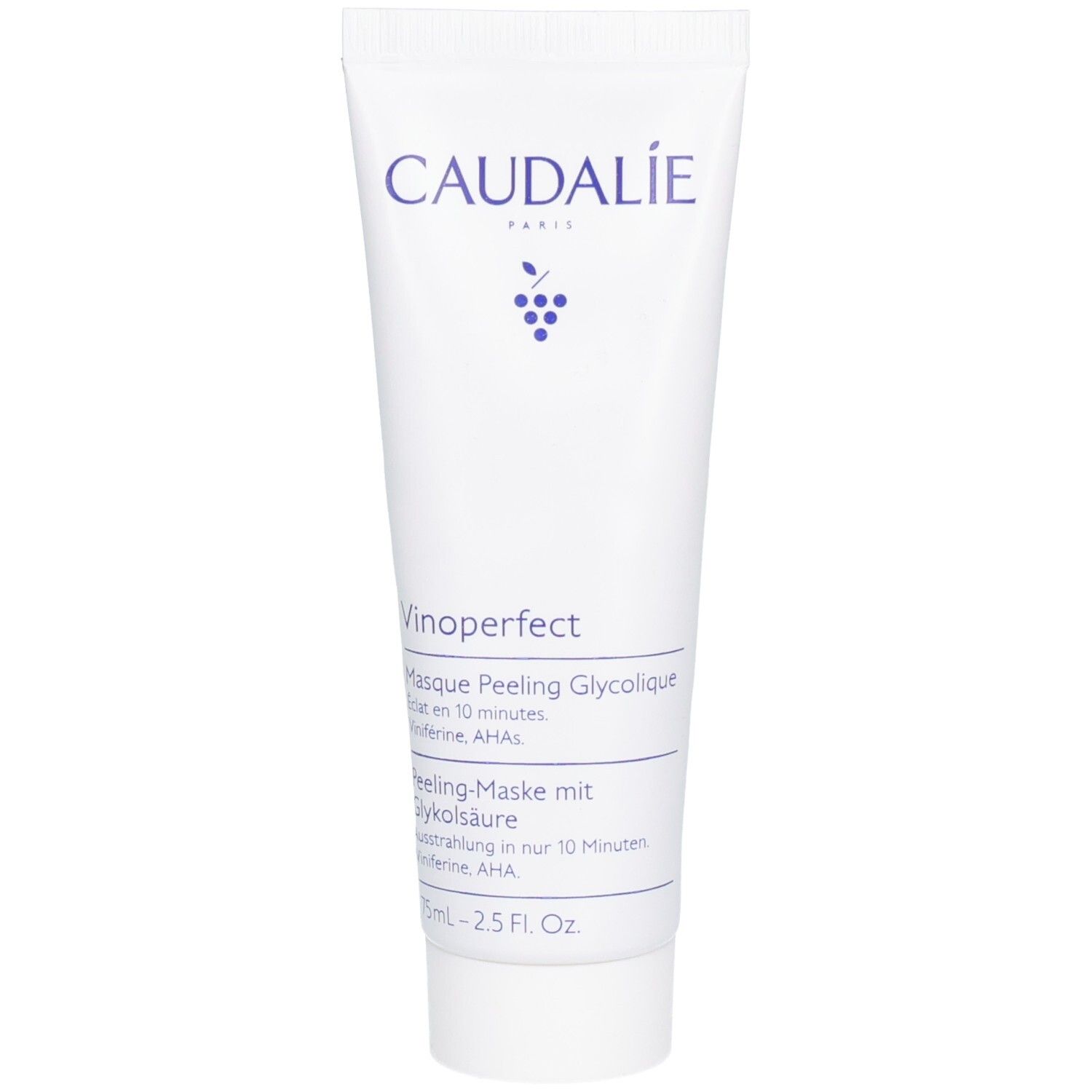 Weiße Tube mit CAUDALIE-Logo und Produktbezeichnung Vinoperfect. Enthält Glykolsäure-Peeling-Maske. 75 ml.