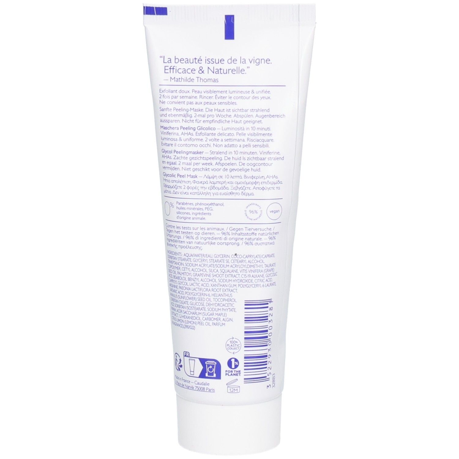 Rückseite einer weißen Tube. Text in mehreren Sprachen. Enthält Informationen zur Glykolsäure-Peeling-Maske.