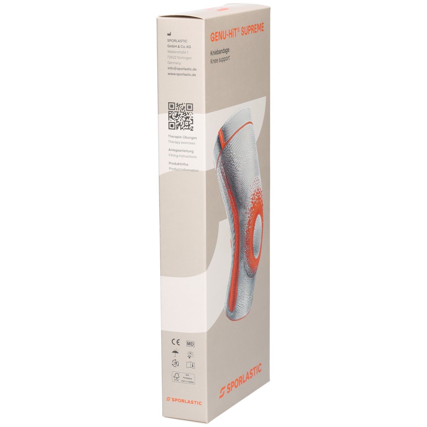 Rückseite der Sporlastic Genu-Hit Supreme Kniebandage Verpackung mit CE-Zeichen und Symbolen.