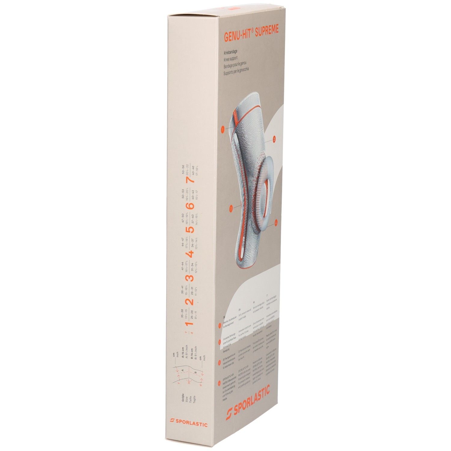 Seite der Sporlastic Genu-Hit Supreme Kniebandage Verpackung mit Größenskala und Hinweisen.