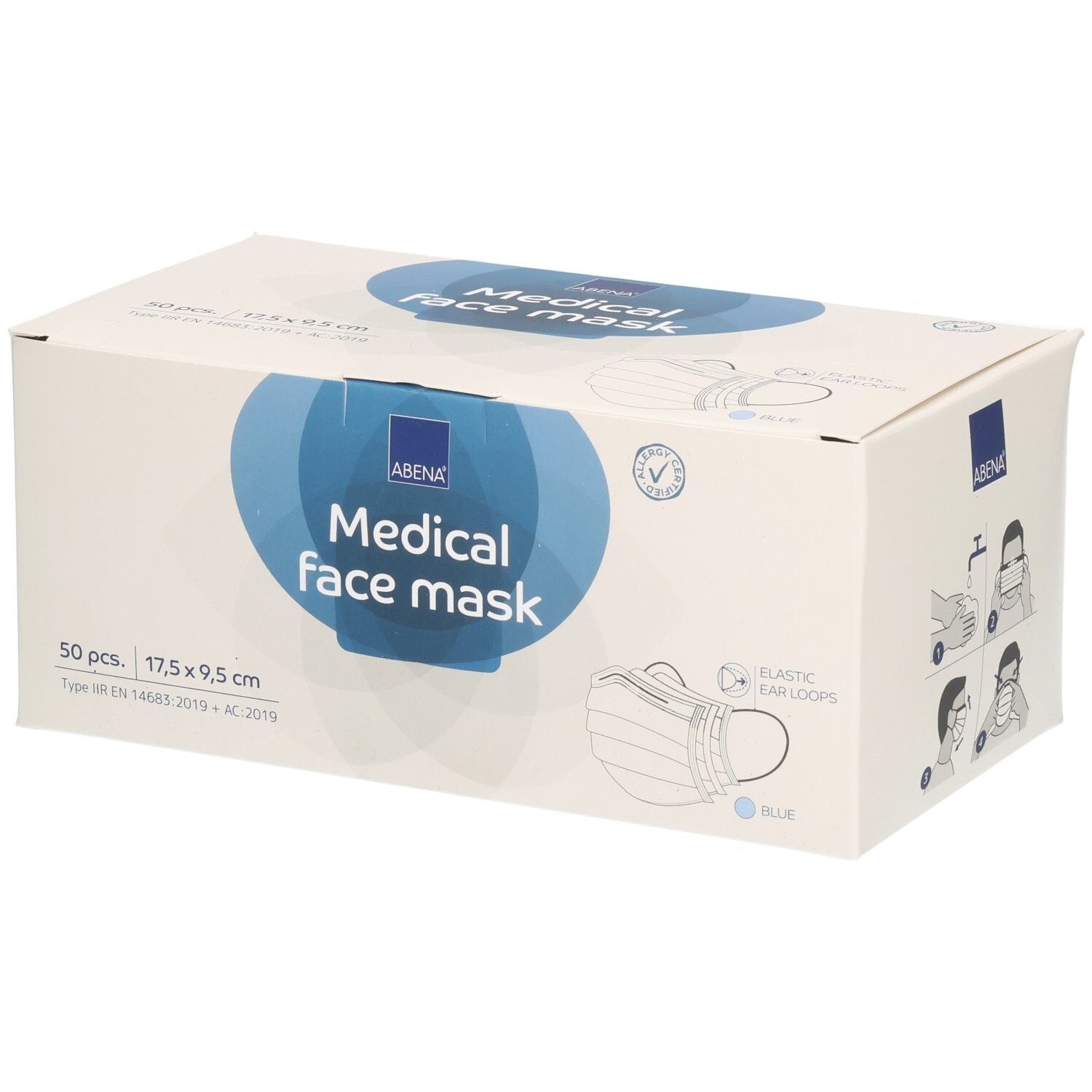 ABENA Medical face mask Box. 50 Stück. Blau. 17,5 x 9,5 cm. Mit Ohrschlaufen. Typ IIR. Abbildung der Maske und Anwendung.