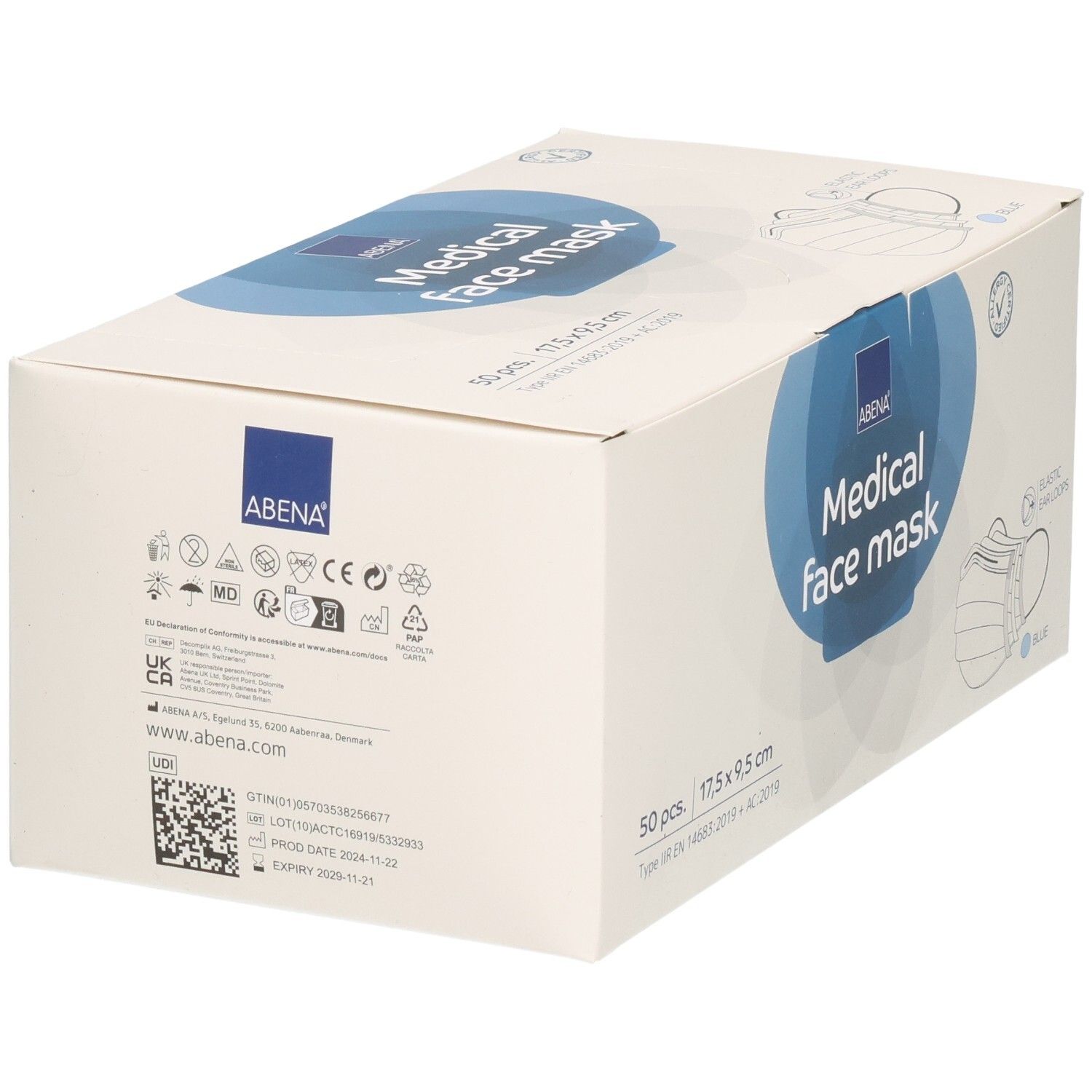 ABENA Medical face mask Box. 50 Stück. Blau. 17,5 x 9,5 cm. Mit Ohrschlaufen. Typ IIR. Verpackung mit Symbolen und Informationen.