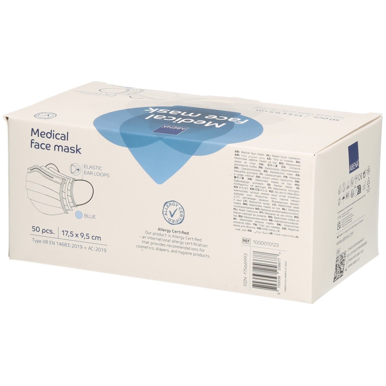 ABENA Medical face mask Box. 50 Stück. Blau. 17,5 x 9,5 cm. Mit Ohrschlaufen. Typ IIR. Allergie-Zertifizierung.