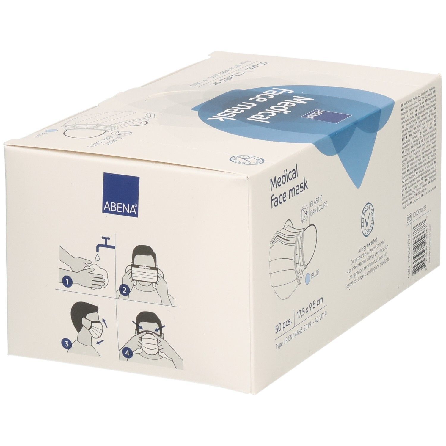 ABENA Medical face mask Box. 50 Stück. Blau. 17,5 x 9,5 cm. Mit Ohrschlaufen. Typ IIR. Anwendungshinweise.