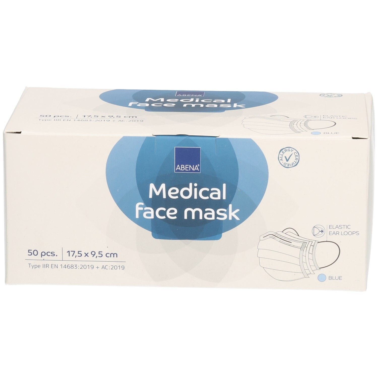 ABENA Medical face mask Box. 50 Stück. Blau. 17,5 x 9,5 cm. Mit Ohrschlaufen. Typ IIR. Verpackung.