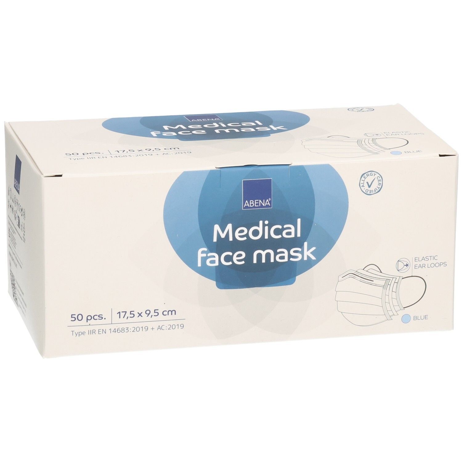 ABENA Medical face mask Box. 50 Stück. Blau. 17,5 x 9,5 cm. Mit Ohrschlaufen. Typ IIR. Verpackung.