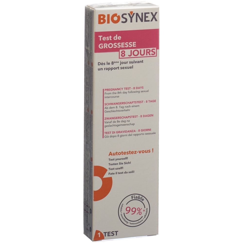 BIOSYNEX Schwangerschaftstest 8 Tage. Verpackung mit Produktinformationen und 99% Zuverlässigkeit. 1 Test.