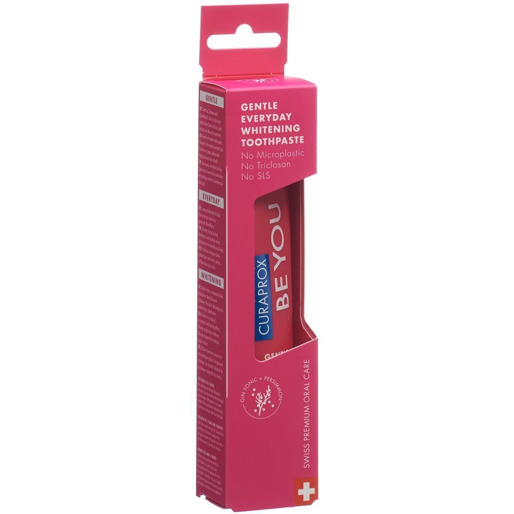 Zahnpasta in pinker Verpackung. CURAPROX BE YOU, sanfte Aufhellung. Keine Mikroplastik, Triclosan, SLS. Schweizer Premium Mundpflege.