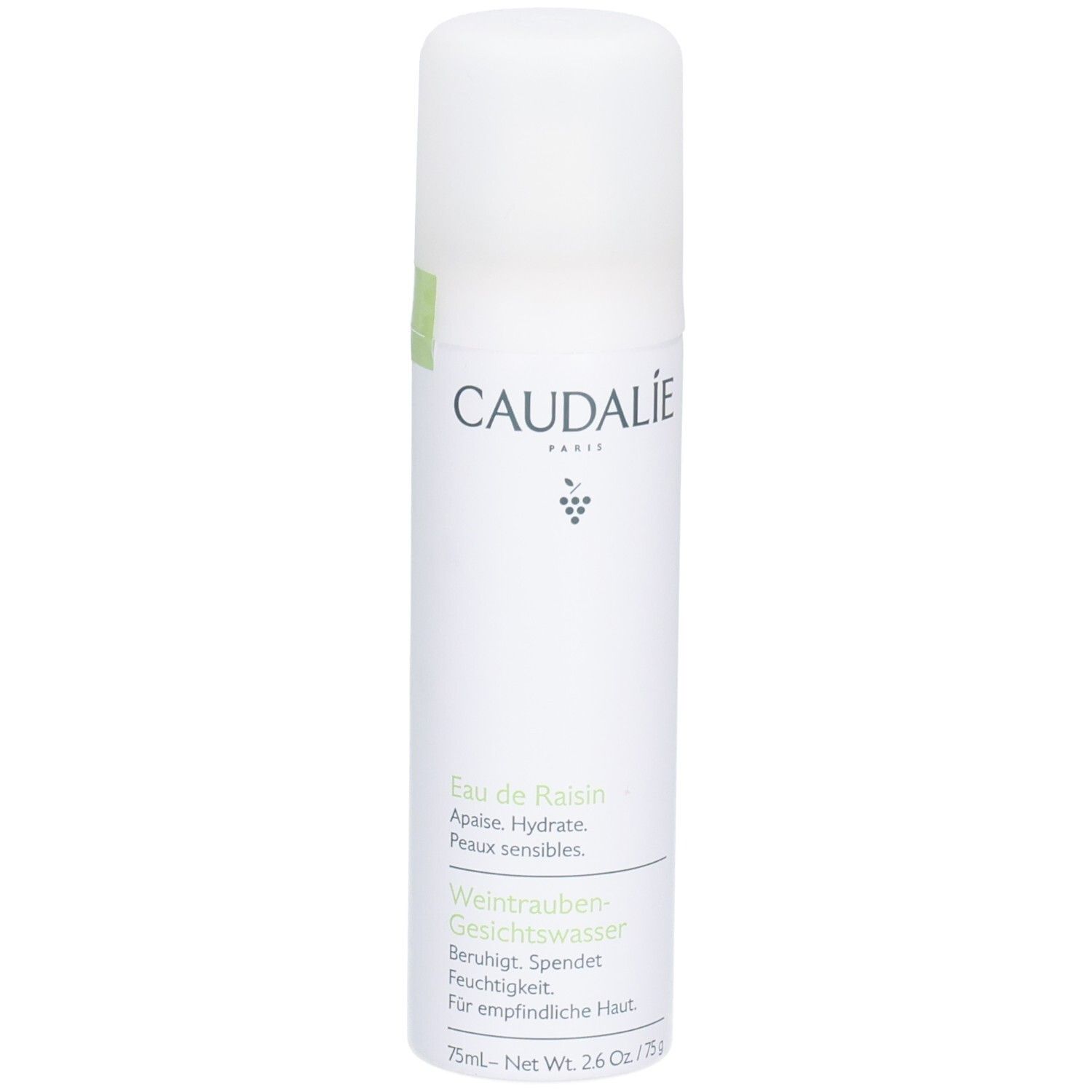 Spray d'eau de raisin Caudalie. Flacon blanc avec étiquette verte. Texte: Eau de Raisin, apaise, hydrate. Pour peaux sensibles.