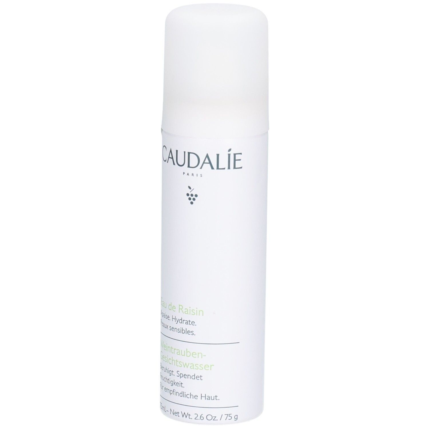 Spray d'eau de raisin Caudalie. Flacon blanc avec étiquette verte. Texte: Eau de Raisin, apaise, hydrate. Pour peaux sensibles.