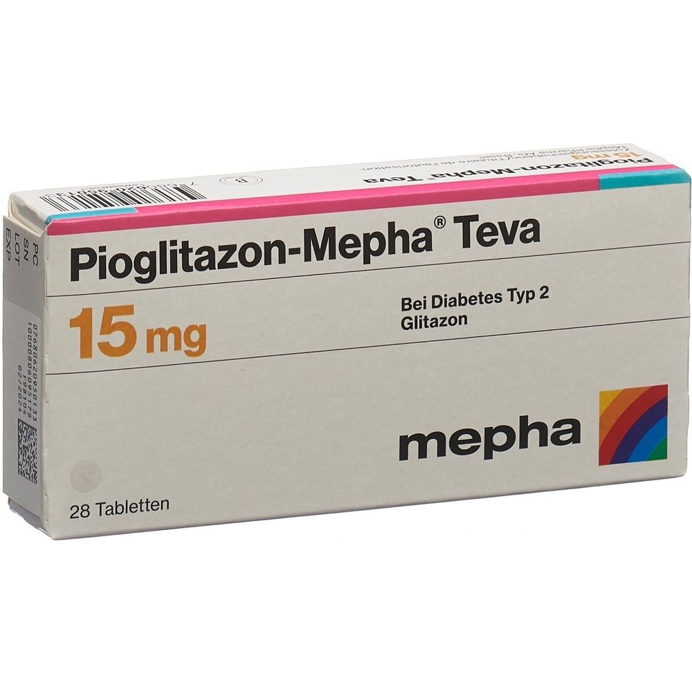 Boîte de médicaments. Inscription : Pioglitazon Mepha Teva Tabl 15 mg. Marque : mepha.