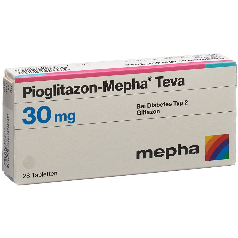 Boîte de PIOGLITAZON Mepha Teva Tabl 30 mg. Inscription: 30 mg, logo, nom. Forme rectangulaire, blanc, bleu, rouge.