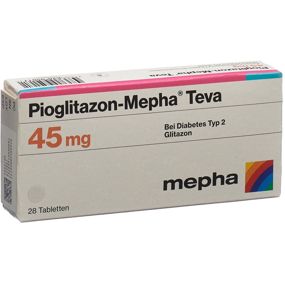 Boîte de PIOGLITAZON Mepha Teva Tabl 45 mg. Inscription: PIOGLITAZON-Mepha Teva, 45 mg, mepha.